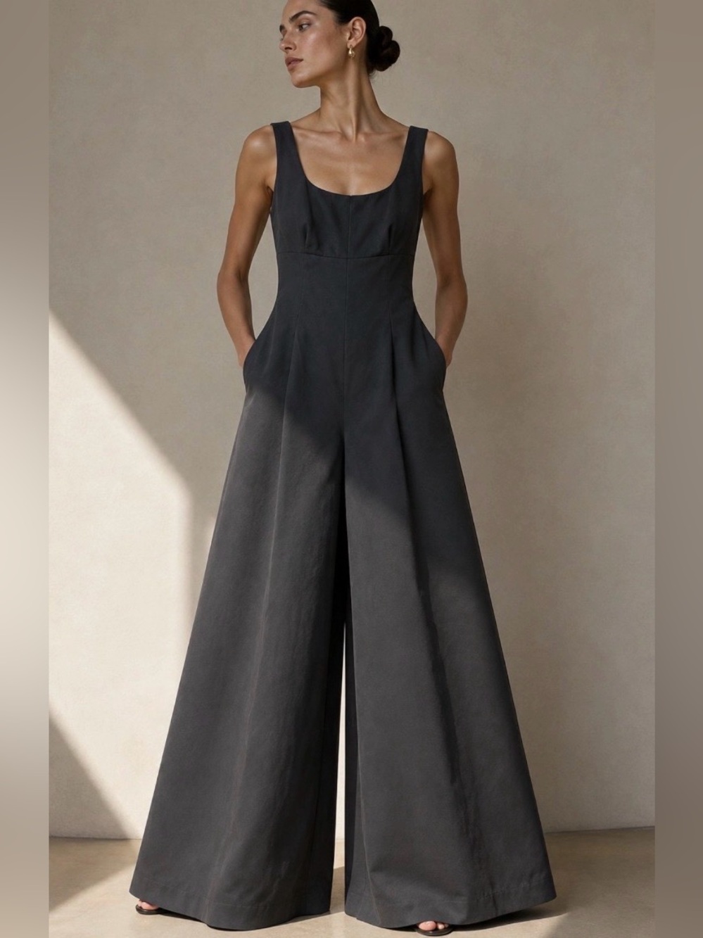Wide-Leg Square-Neck Jumpsuit in Dark Gray
